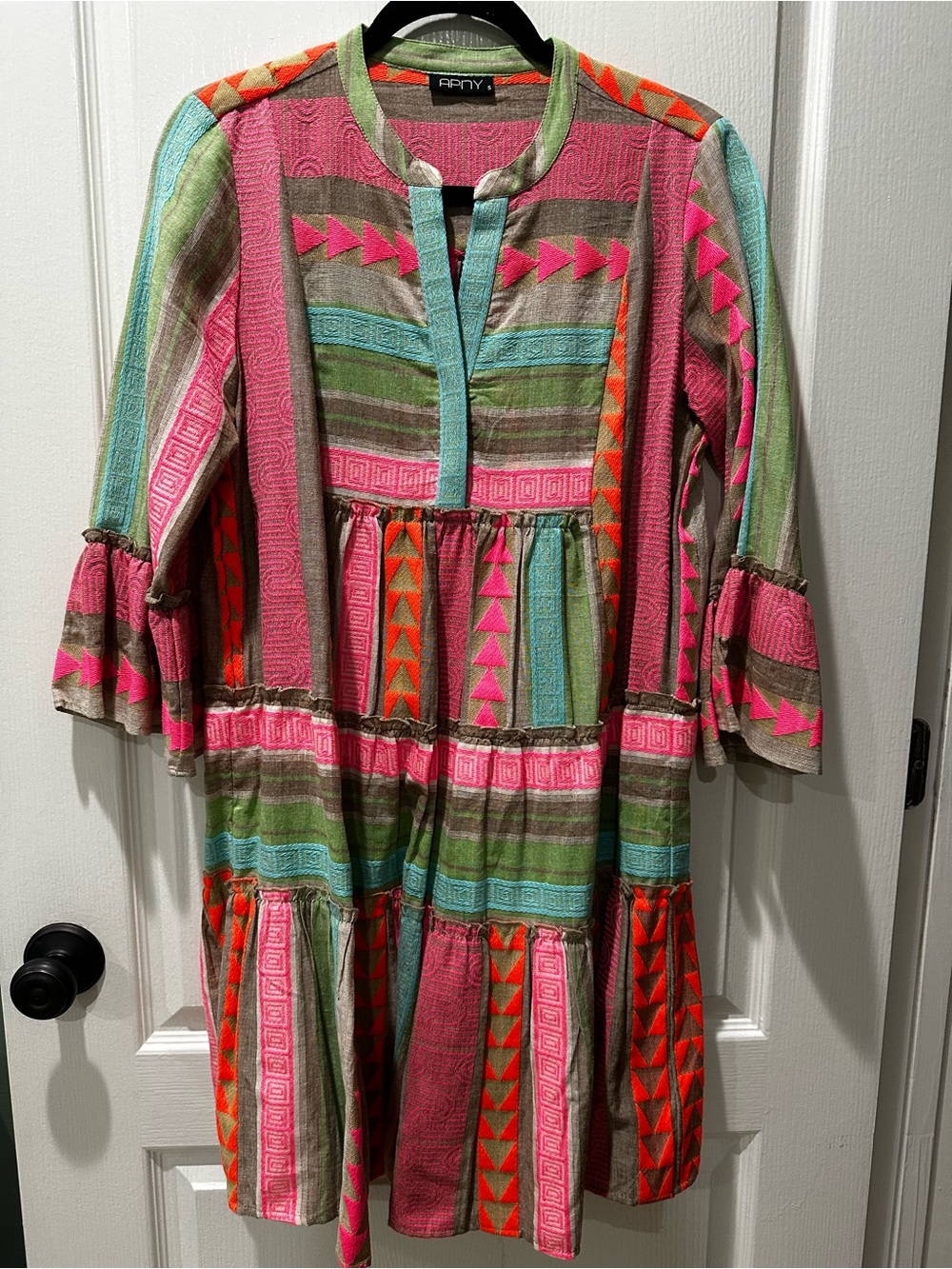 Colorful Cotton-Blend Tiered Dress - Pink & Green